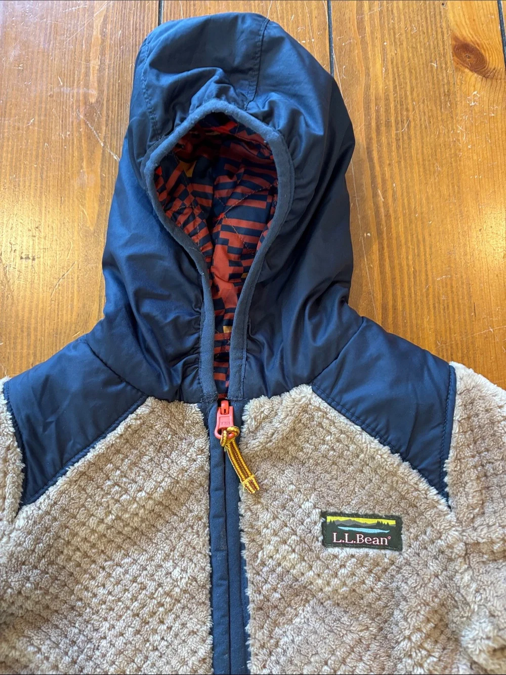 L.L. Bean Reversible Tan Sherpa Jacket /Navy Hood & Trim Boys Size Boys 12-18 M